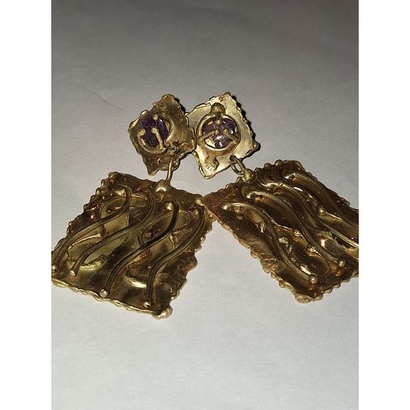 Brutalist Designer Handmade Clip On Earrings Brass and Raw Amethyst Ernandes - Picture 7 of 16